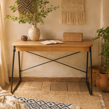 Mosswood Oak Wood and Black Metal Office Desk with 2 Drawers