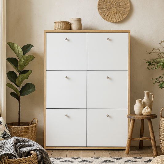 Willowmere White and Artisan Oak Wood Chest Storage Cabinet 6 Doors