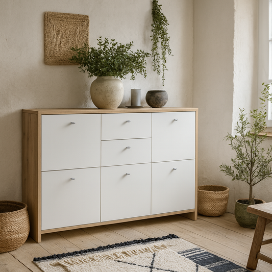 Willowmere White and Artisan Oak Wood Chest Storage Cabinet 2 Drawers 5 Doors