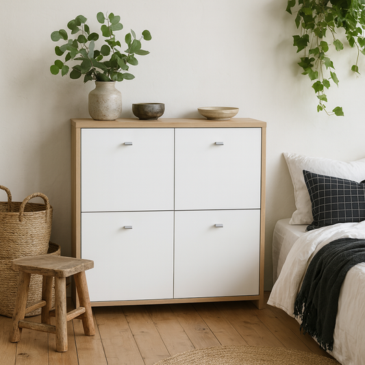 Willowmere White and Natural Artisan Wood Chest Storage Cabinet 4 Doors