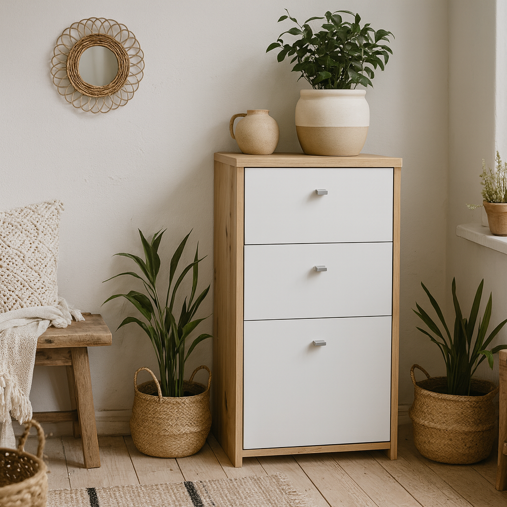 Willowmere White and Natural Artisan Wood Chest Storage Cabinet 2 Drawers 1 Door