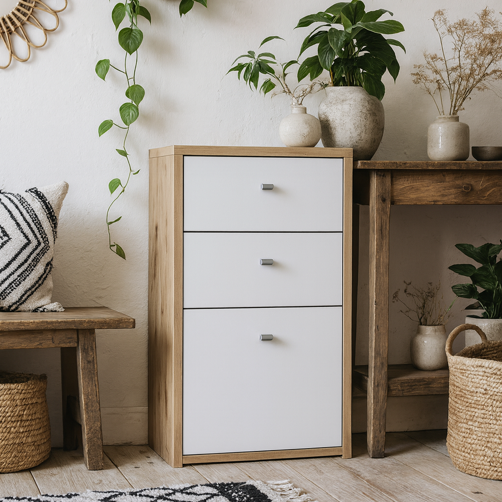 Willowmere White and Natural Artisan Wood Chest Storage Cabinet 2 Drawers 1 Door