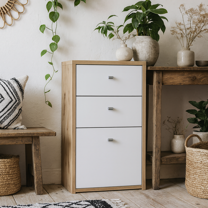 Willowmere White and Natural Artisan Wood Chest Storage Cabinet 2 Drawers 1 Door