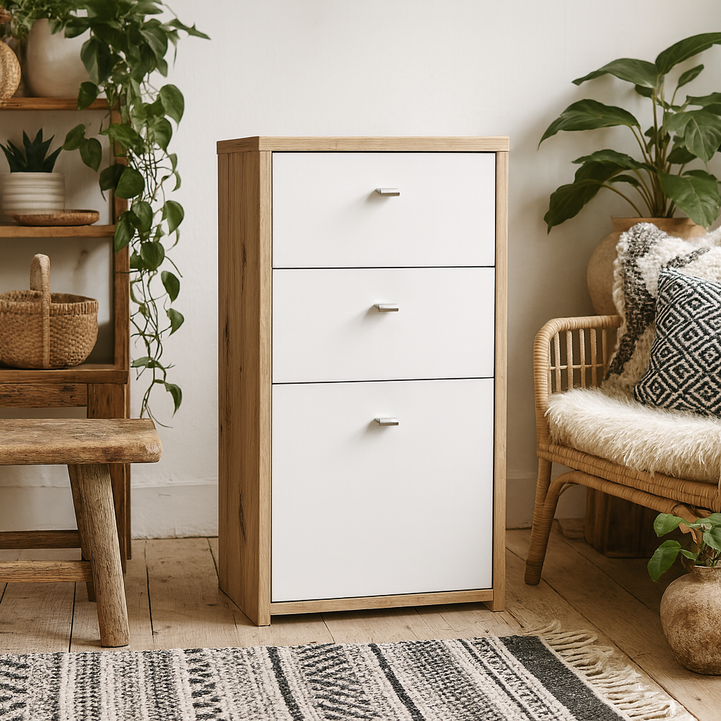 Willowmere White and Natural Artisan Wood Chest Storage Cabinet 2 Drawers 1 Door