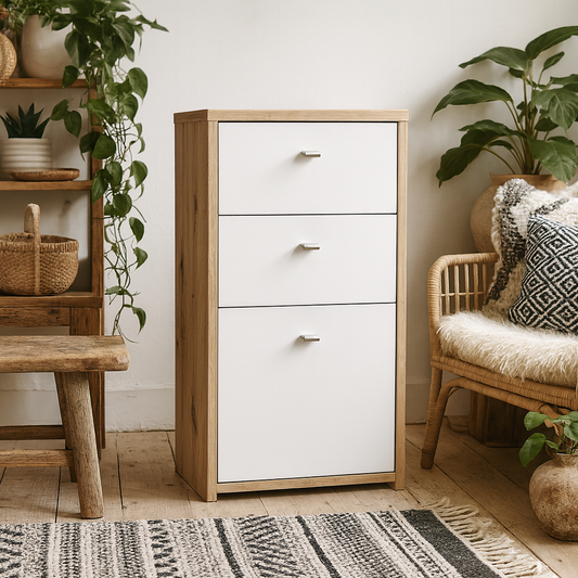 Willowmere White and Natural Artisan Wood Chest Storage Cabinet 2 Drawers 1 Door