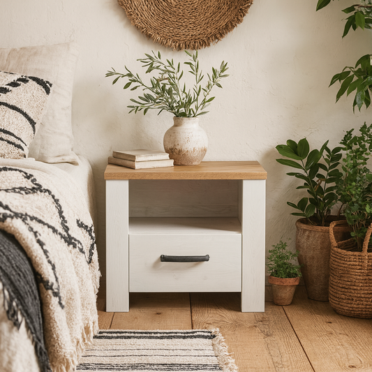 Bramblecroft White and Natural Oak Wood 1 Drawer Bedside Table