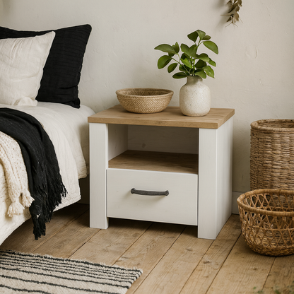 Bramblecroft White and Natural Oak Wood 1 Drawer Bedside Table