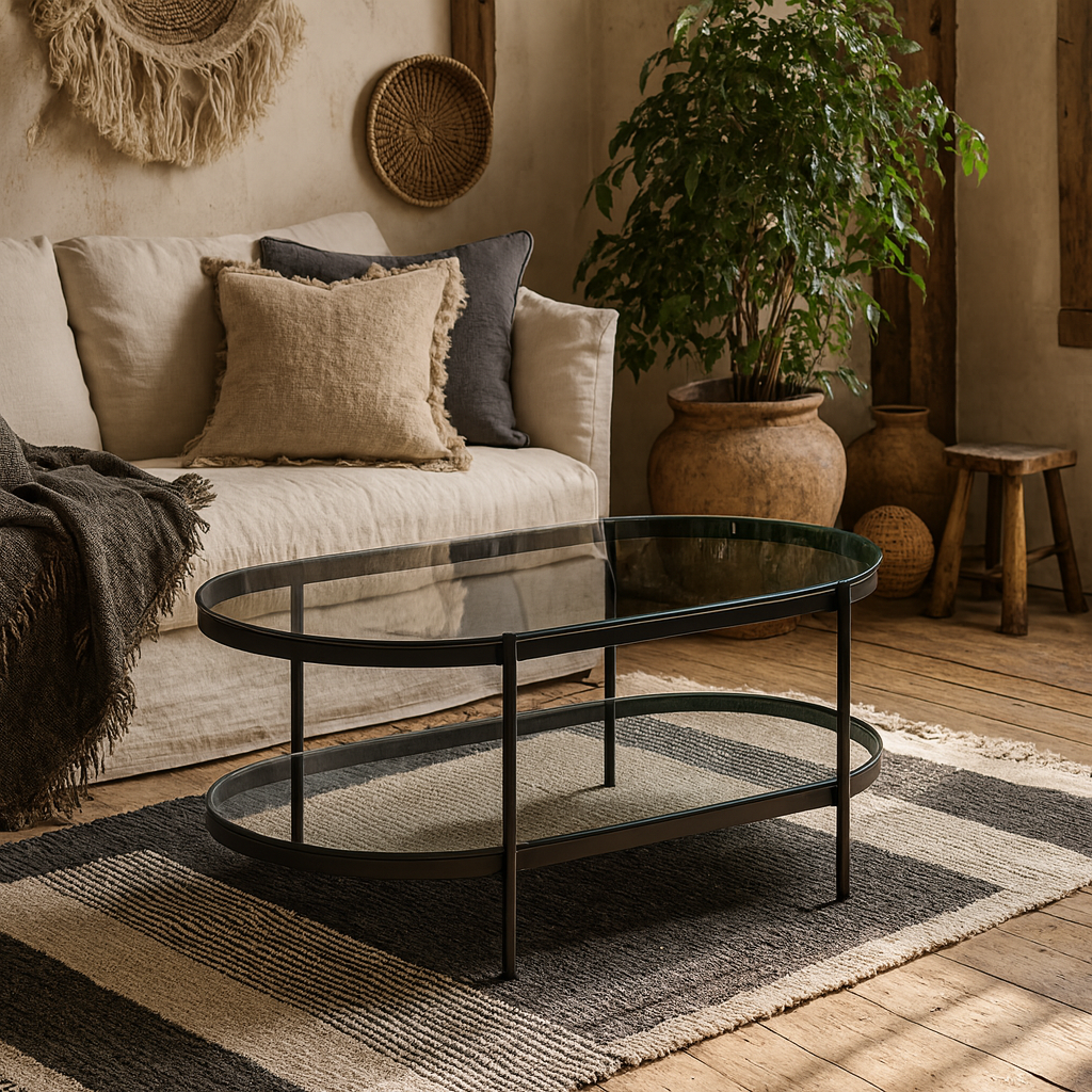 Featheroak Grey Glass Oval Coffee Table Black Metal Legs