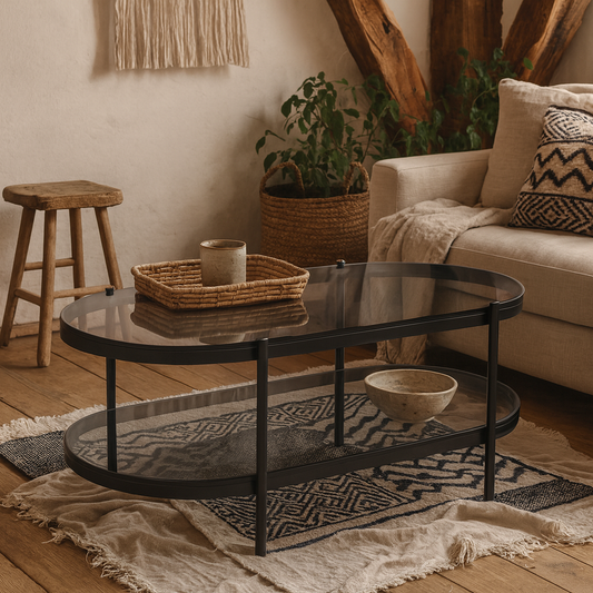 Featheroak Grey Glass Oval Coffee Table Black Metal Legs