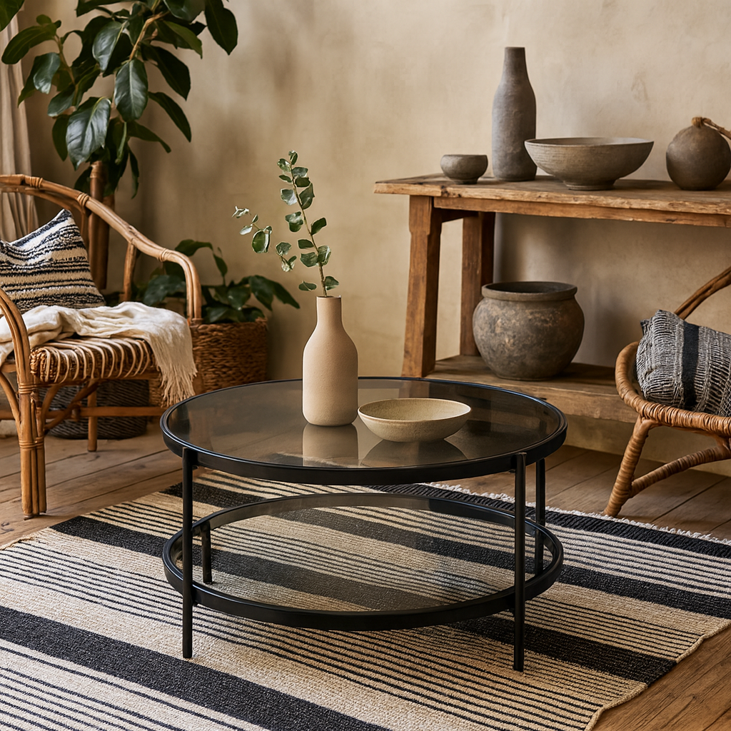 Featheroak Grey Glass Round Coffee Table Black Metal Legs