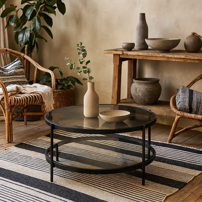 Featheroak Grey Glass Round Coffee Table Black Metal Legs