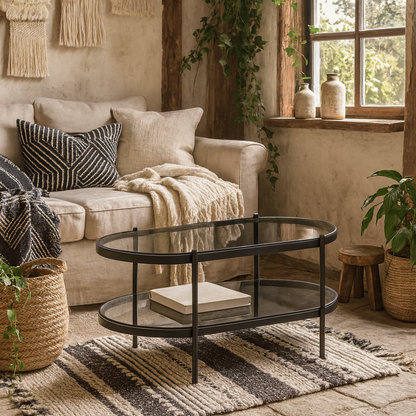 Featheroak Grey Glass Oval Coffee Table Black Metal Legs