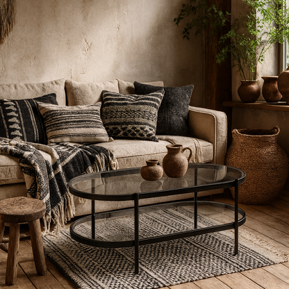 Featheroak Grey Glass Oval Coffee Table Black Metal Legs