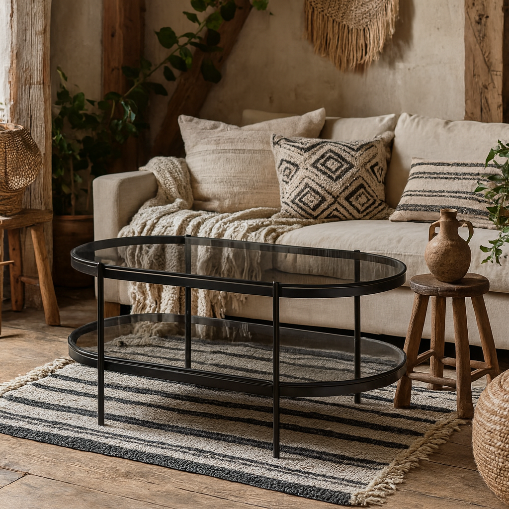 Featheroak Grey Glass Oval Coffee Table Black Metal Legs