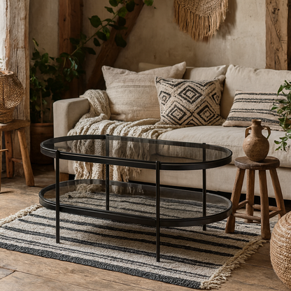 Featheroak Grey Glass Oval Coffee Table Black Metal Legs