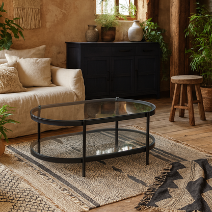 Featheroak Grey Glass Oval Coffee Table Black Metal Legs
