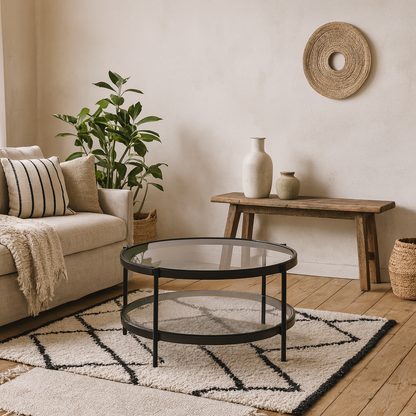 Featheroak Grey Glass Round Coffee Table Black Metal Legs