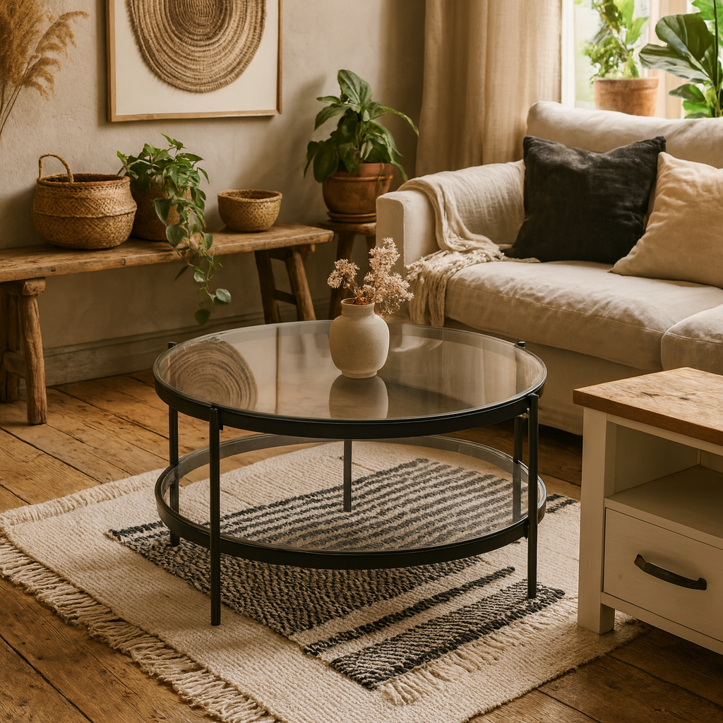 Featheroak Grey Glass Round Coffee Table Black Metal Legs