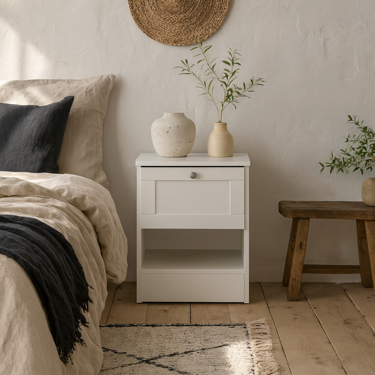Cherryfern White Wood Bedside Table 1 Frame Drawer 1 Open Shelf