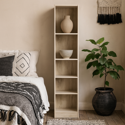 Amberfern Natural Oak Wood Tall Narrow Bookcase 4 Shelves