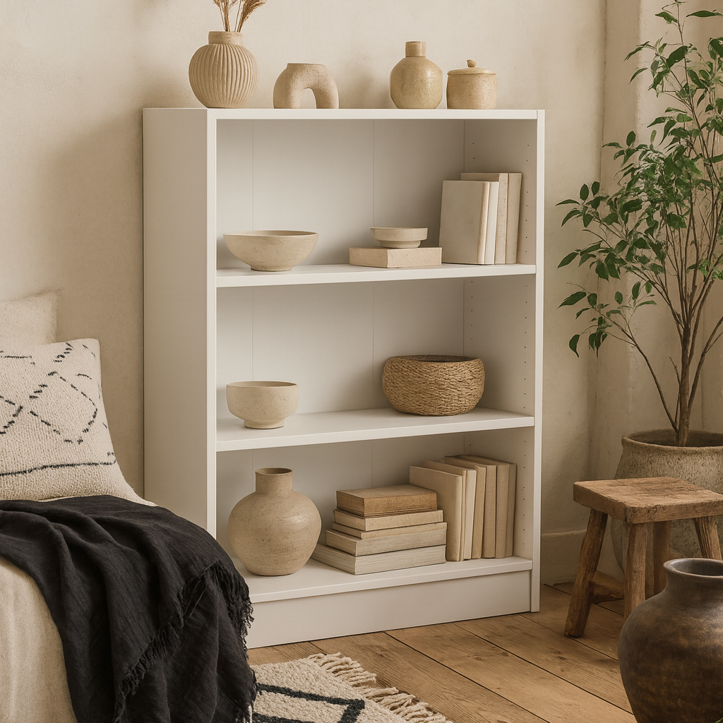 Amberfern White Wooden Low Wide Bookcase 2 Shelves