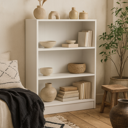 Amberfern White Wooden Low Wide Bookcase 2 Shelves