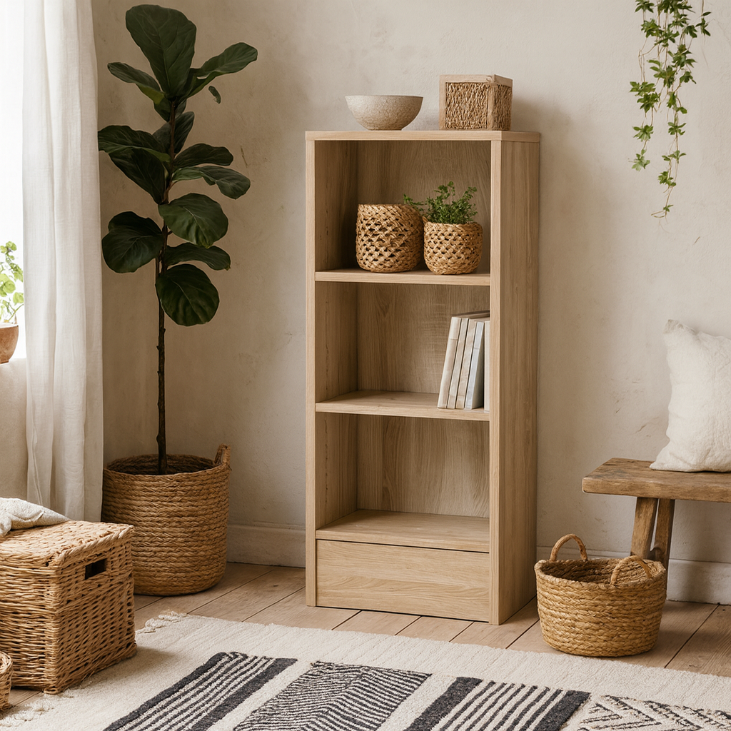 Amberfern Natural Oak Wood Low Narrow Bookcase 2 Shelves