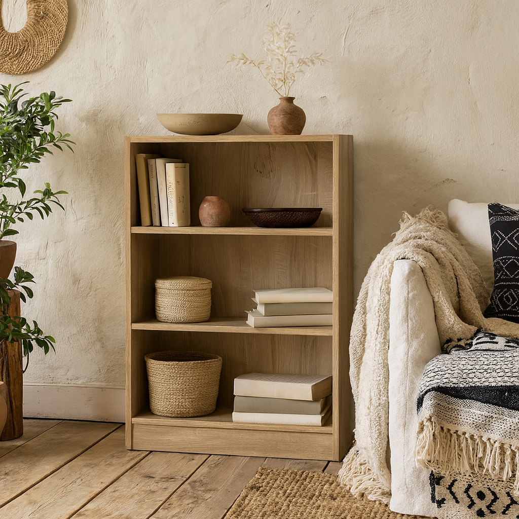 Amberfern Natural Oak Wood Low Wide Bookcase 2 Shelves