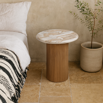 Boston Natural Oak and Brown Marble Pedestal Side Table