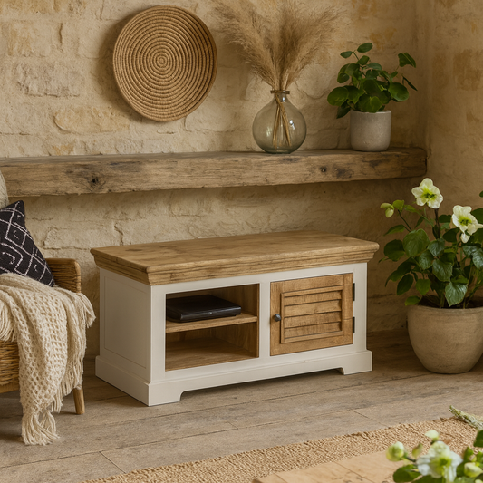 Alington White and Natural Solid Wood TV Cabinet Bench 1 Door and Shelves