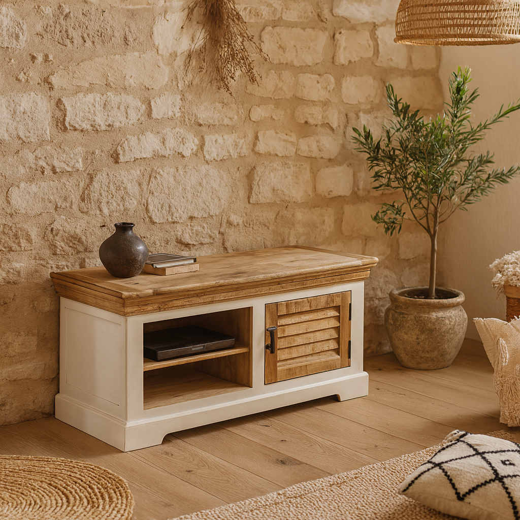 Alington White and Natural Solid Wood TV Cabinet Bench 1 Door and Shelves