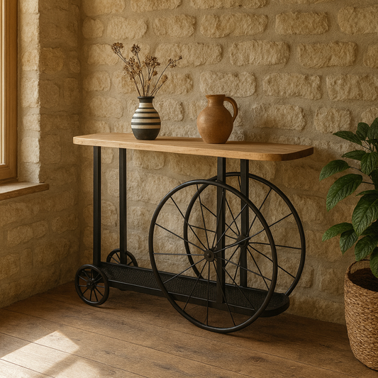 Shanghai Industrial Oak and Black Modern Wheel Console Table