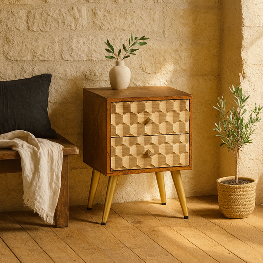 Shenzhen Mango Wood Side Table 2 Drawers Gold Geometric Pattern