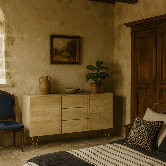 Bali Light Mango Wood Gold Extra Large Sideboard 3 Drawers 2 Doors