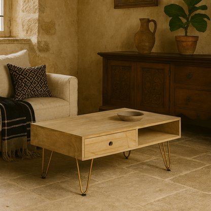 Bali Light Natural Mango Wood and Gold Coffee Table 1 Drawer 1 Open Shelf