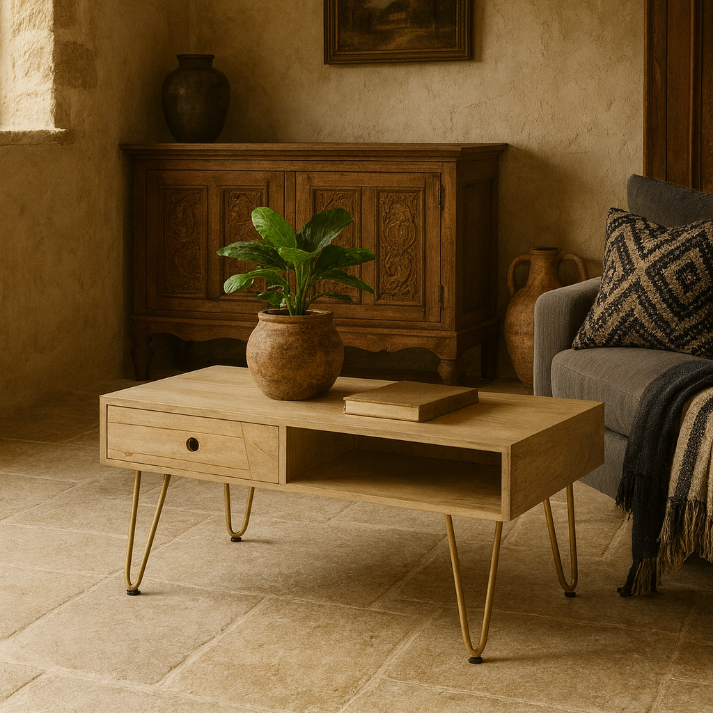 Bali Light Natural Mango Wood and Gold Coffee Table 1 Drawer 1 Open Shelf