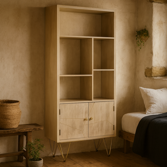 Manila Light Gold Large Bookcase 2 Doors 5 Shelves