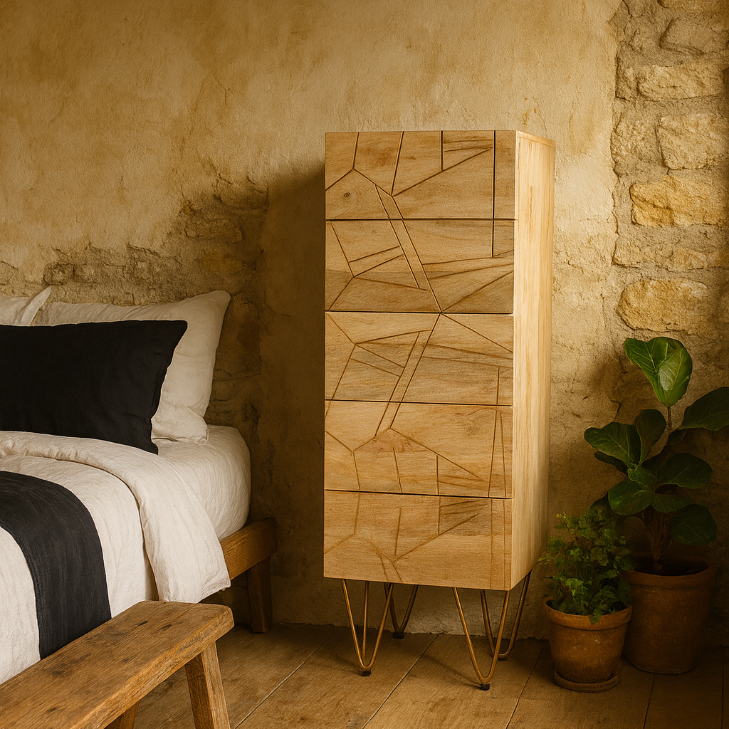 Bali Light Natural Mango Wood and Gold Modern Tall 5 Drawer Storage Chest