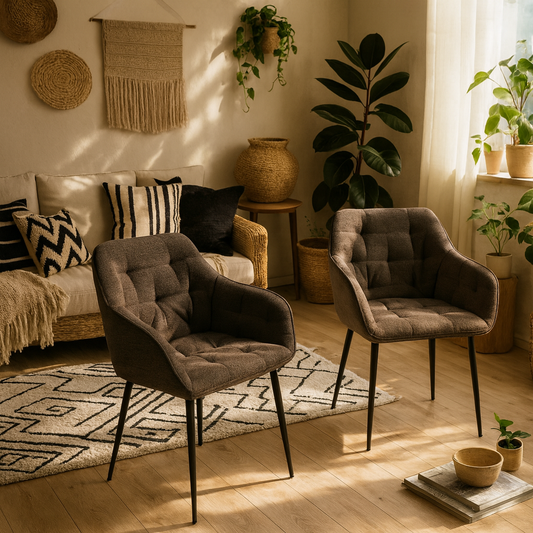 Buttonfern Set of 2 Vintage Brown Diamond Upholstered Dining Chairs with Armrest