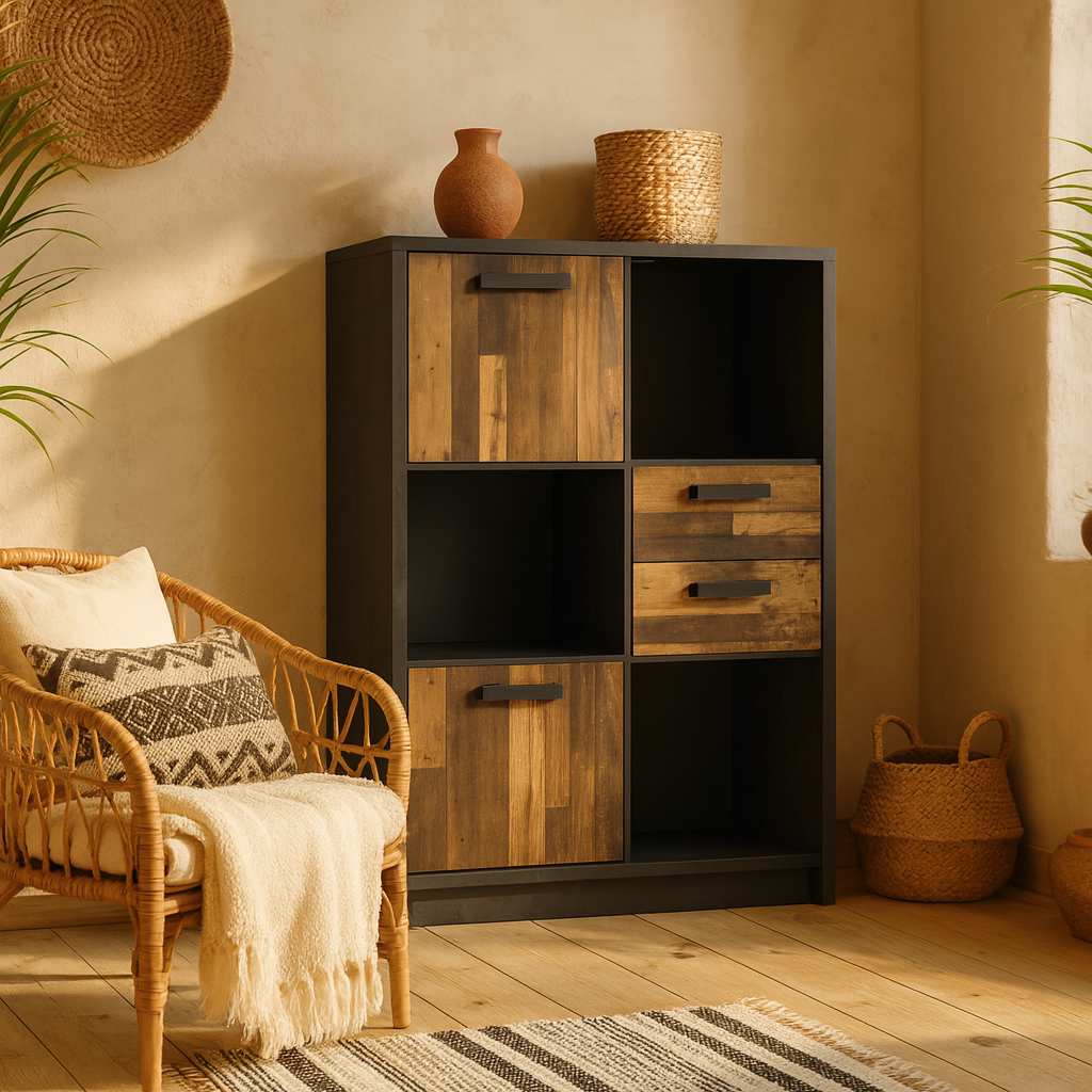 Whimwick Low Walnut and Dark Matera Grey Bookcase 2 Doors 2 Drawers