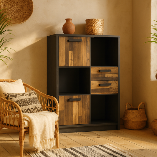 Whimwick Low Walnut and Dark Matera Grey Bookcase 2 Doors 2 Drawers