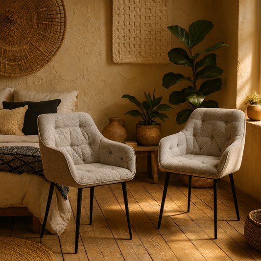 Buttonfern Set of 2 Beige Diamond Upholstered Dining Chairs with Armrest