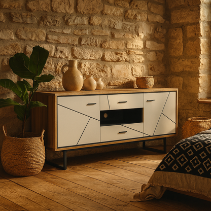 Dabbleton Walnut and White Wood 2 Door 2 Drawer TV Unit Geometric Design