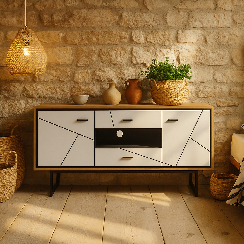 Dabbleton Walnut and White Wood 2 Door 2 Drawer TV Unit Geometric Design