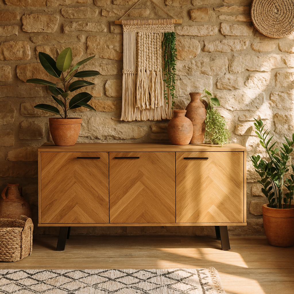 Chevron Herringbone Natural Oak Wood 3 Door Sideboard
