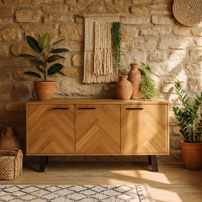 Chevron Herringbone Natural Oak Wood 3 Door Sideboard