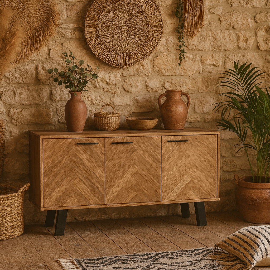 Chevron Herringbone Natural Oak Wood 3 Door Sideboard