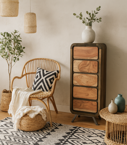 Los Angeles Reclaimed Wood and Metal 5 Drawer Tallboy Storage Chest