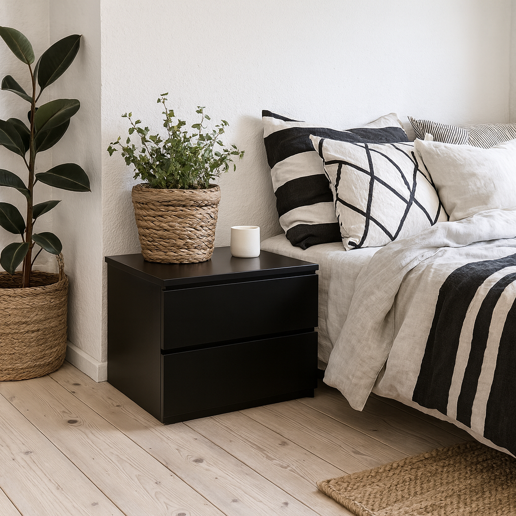 Rome Matt Black Wooden Bedside Table 2 Drawers