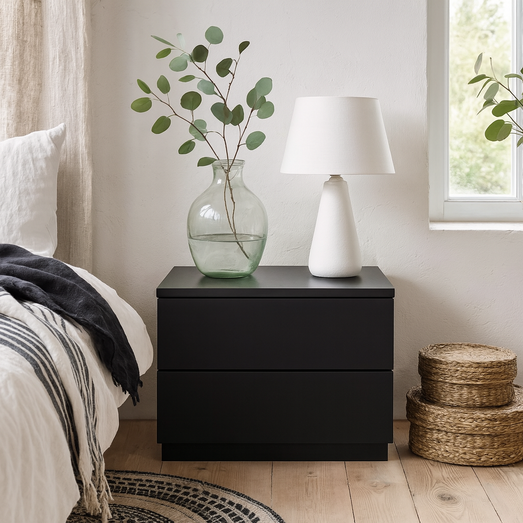 Rome Matt Black Wooden Bedside Table 2 Drawers